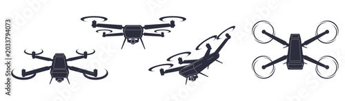 Drone camera angles. Black quadcopter silhouette different side view, unmanned aerial vehicle with camera, modern technologies device, equipment branding qualitative vector cartoon flat set