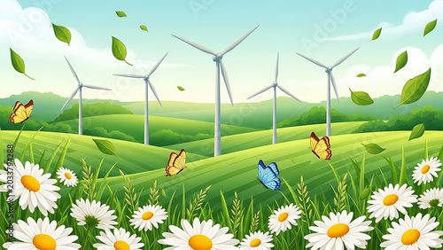 Colorful butterflies flying around wind turbines in green field
