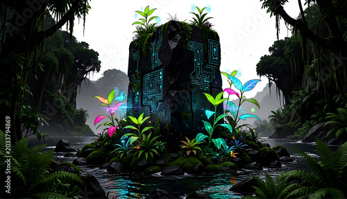 Futuristic Tech Monolith in Lush Jungle with Bioluminescent Plants