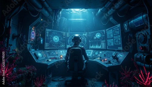 Futuristic Submarine Control Room with Operator Monitoring Deep Sea Data