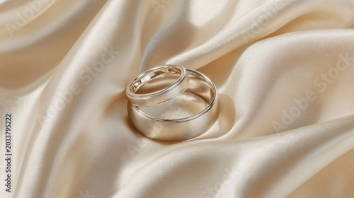 Silver Wedding Rings on Cream Silk Fabric