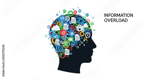 A dark human head silhouette contains an intricate cluster of multicolored gears and data icons to represent cognitive processing against a sterile white background.
