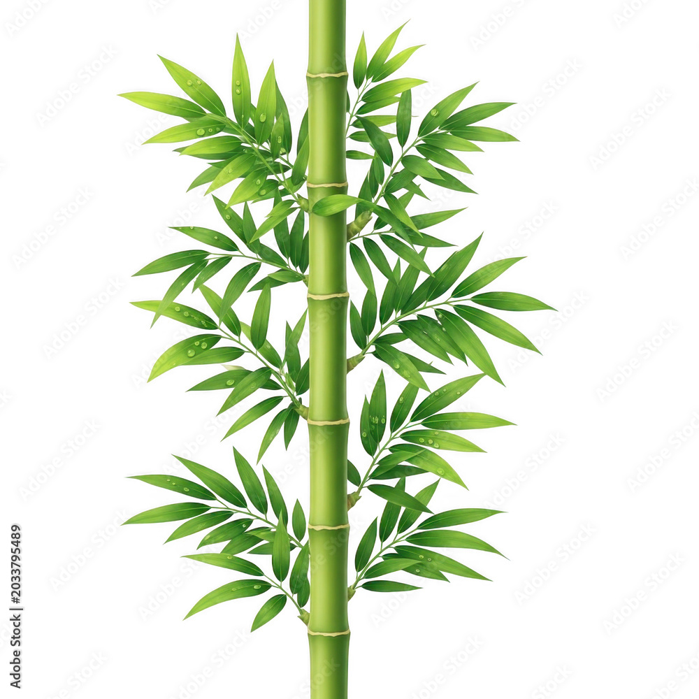 Fototapeta premium Single green bamboo stalk with lush pointed leaves and water droplets isolated on a solid black background, botanical