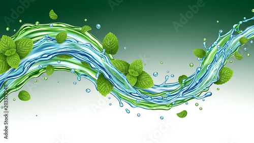 Green topographic map of mountainous island with blue water. Birds flying in a flock over green trees and water. Bridge over calm river with green trees in small town