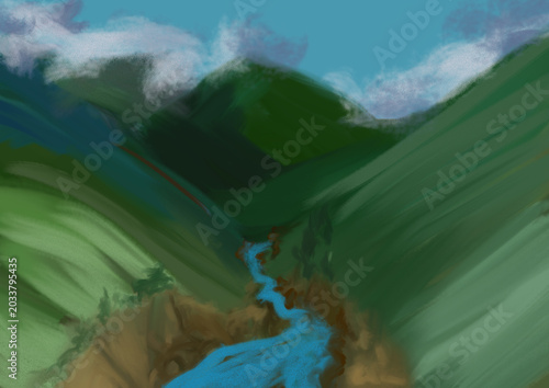 Tableau sur toile Oil painting of majestic mountains with flowing river rocky cliffs and cloudy sk