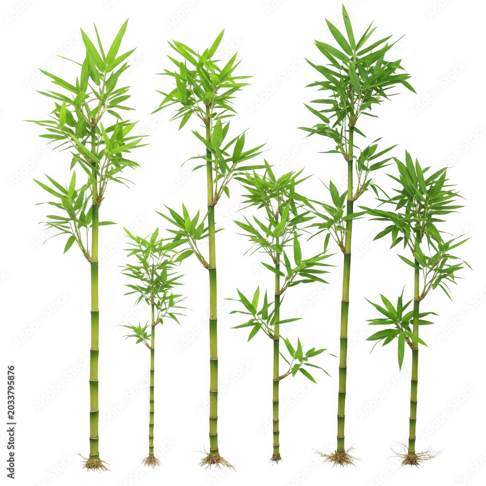 Fototapeta premium Six individual green bamboo stalks with leafy branches and visible root systems isolated on a solid black background