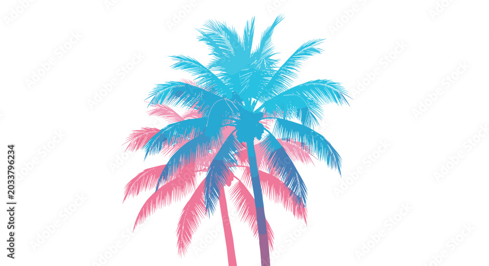 Fototapeta premium Two overlapping palm trees are rendered in a vibrant digital gradient of cyan and magenta against a stark and empty white background for a modern aesthetic.