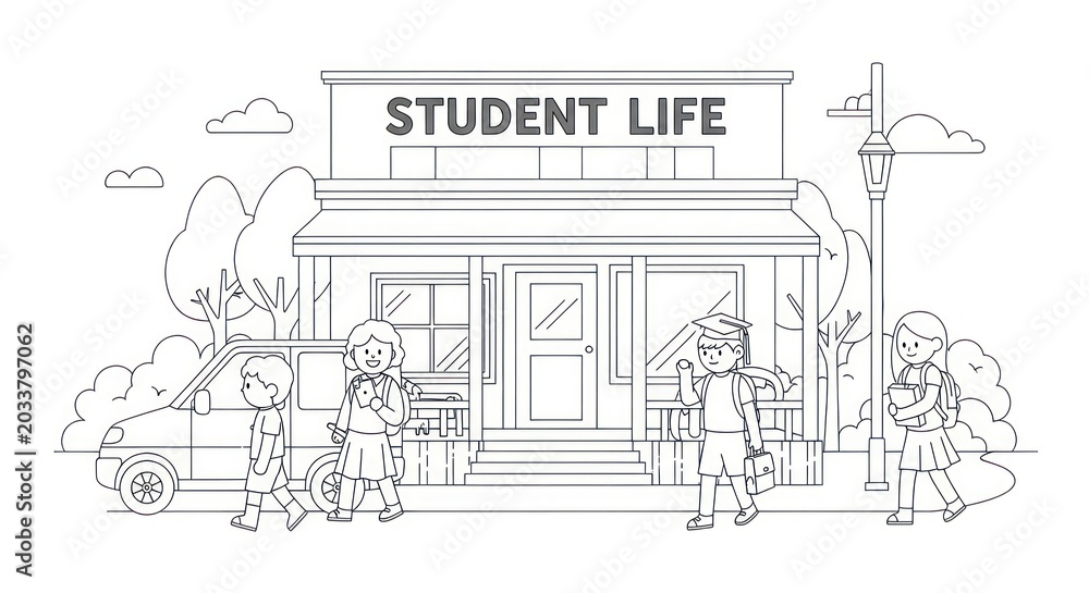 Obraz premium Children walking in front of a school building line art