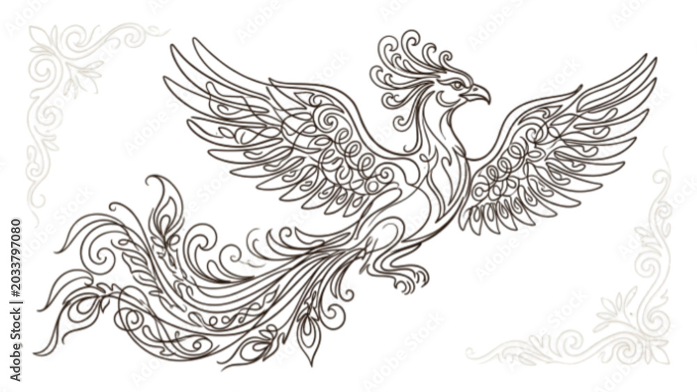 Fototapeta premium Legendary Folk Bird Line Art – Mythical Ornamental Continuous One Line Cultural Illustration