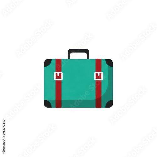 Flat design teal travel suitcase with red straps