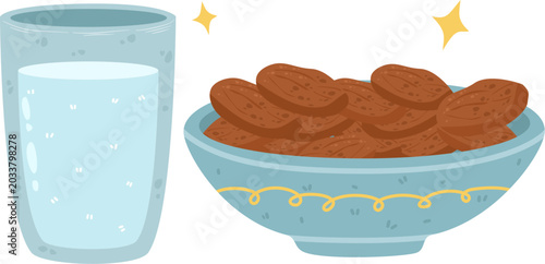 Glass of milk and dates in a bowl for ifthar vector illustration