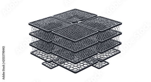 A three-dimensional geometric structure features several stacked square platforms interconnected by complex mesh wire bracing against a solid neutral grey background.