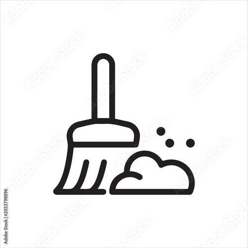 Photos Thin Outline Icon Broom, Besom or Short Brush of Bound Straw Near a Pile of Garbage