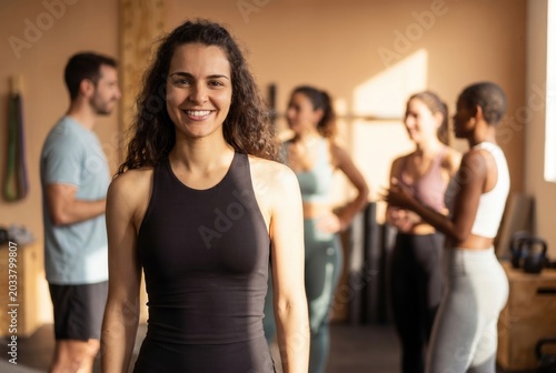 Woman smiling at camera with a group of diverse friends after a workout session