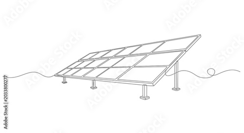 Single line illustration of large solar panels field for green energy