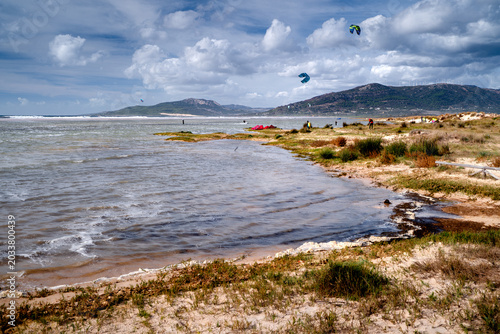 Fotografie Coast of Spain with kites, holidays on the Spanish coast, Tarifa.