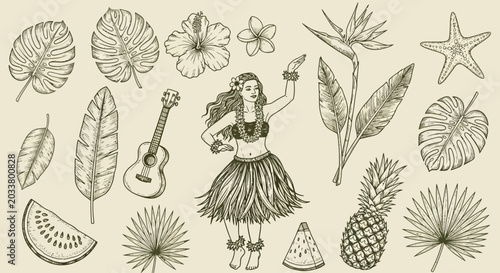 Принти на полотні Hula girl with tropical leaves and flowers, hawaii vacation concept, illustratio