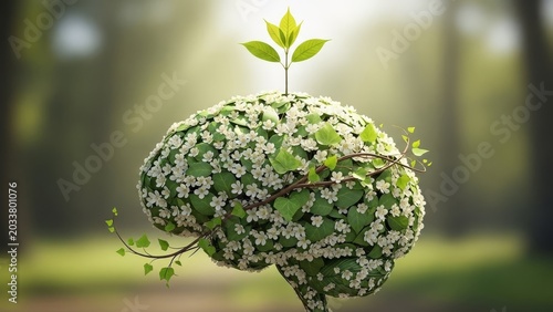 Nature-covered brain sculpture with sprout, blooming with white flowers in a lush green forest background. Symbol of growth and nature-inspired creativity in woodland.