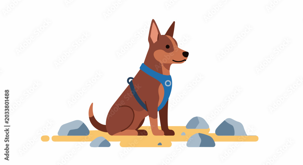 Obraz premium A brown dog sits patiently on a sandy ground with rocks