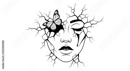 Photos Abstract Woman Face with Butterfly and Cracks.
