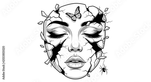 Fotografija Broken face with butterfly and spider, symbolizing fragility and transformation
