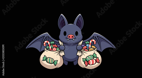 Tableau sur toile Cute Cartoon Bat Holding Bags of Halloween Candy.