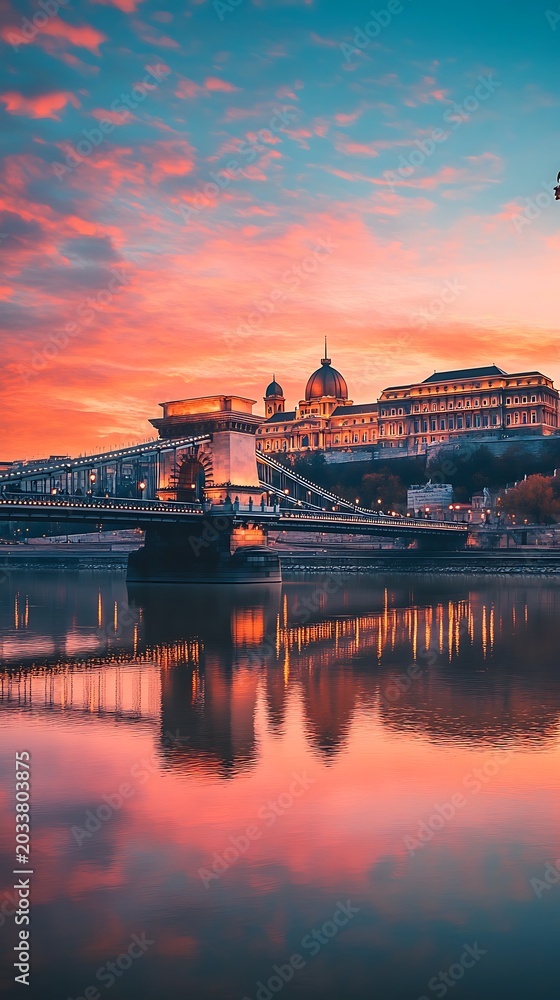 Obraz premium Budapest chain bridge at sunset hungarian parliament reflection on danube river