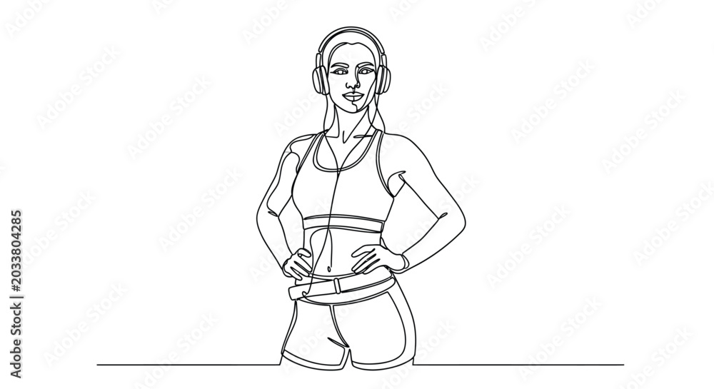 Obraz premium Continuous line drawing of a fit woman wearing headphones with headphones