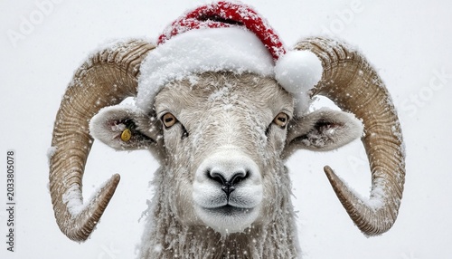 Majestic Mountain Ram Wearing a Santa Hat in a Snowy Landscape, Celebrating the Festive Season