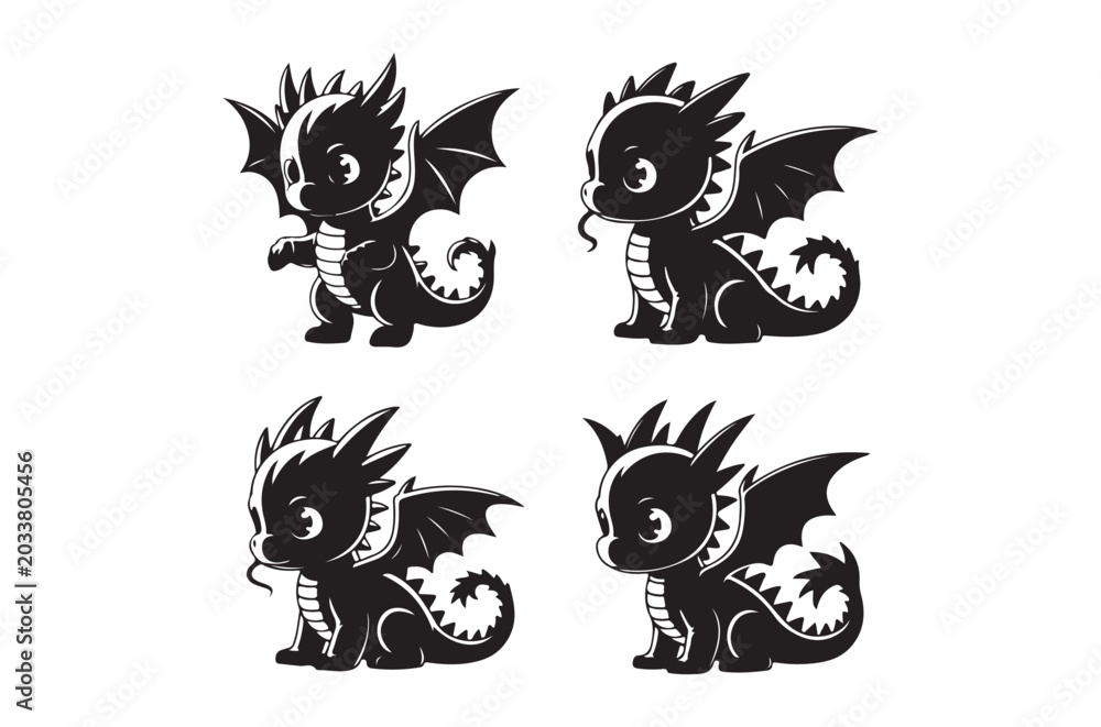 Obraz premium Black Silhouette Dragon Characters Four Poses Vector Illustration