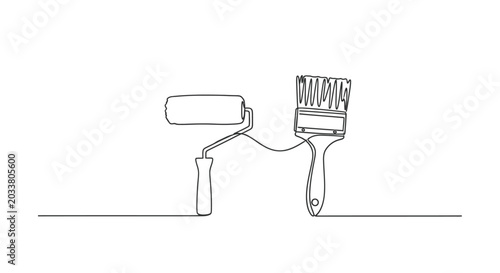 Continuous line art of paint roller and brush for renovation and home improvement