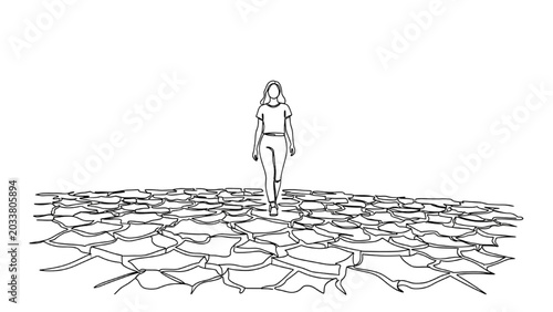 Tableau sur toile A woman walks on cracked dry earth in a desolate landscape with 2D CAD Vector illustration style