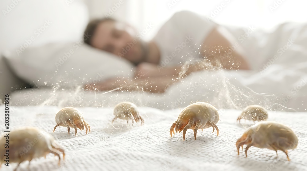 Fototapeta premium Microscopic dust mites crawling on a white bed surface with a sleeping person in the background, representing allergens and poor hygiene.