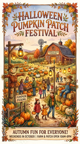 Halloween pumpkin patch festival banner with scarecrows and lanterns, rustic autumn aesthetic, watercolor illustration