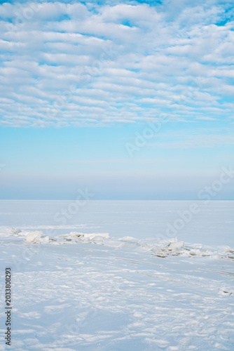 Expansive arctic winter landscape with frozen ice and pristine white snow under a clear blue sky