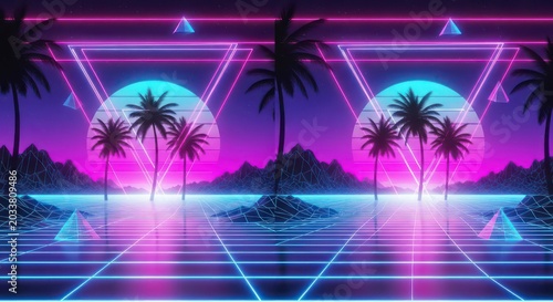 Retro synthwave landscape with palm trees and neon sun