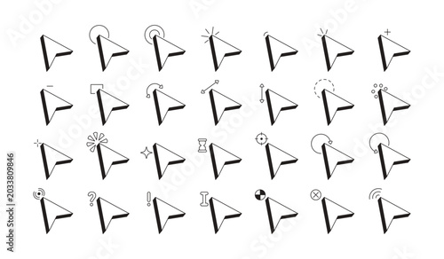 Cursor pointer modern black and white UI element set. Click drag actions. Interaction indicators. Isolated monochrome vector interface component pack for app design in minimal neubrutalism style