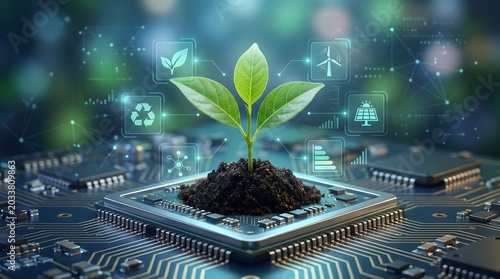 Green technology concept with plant growing on computer microchip and renewable energy icons