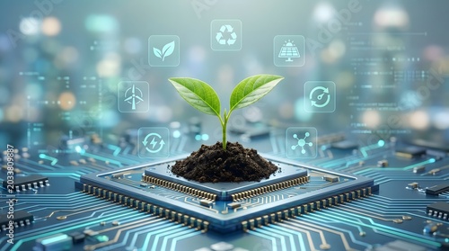 Sustainable IT and green computing concept featuring a plant on processor chip