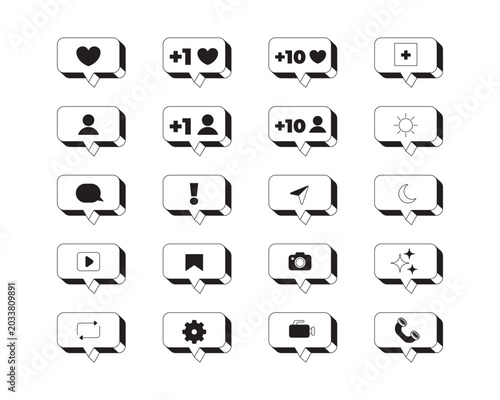 Social media notification modern black and white UI element set. Likes followers in popup bubbles. Isolated monochrome vector interface component pack for app design in minimal neubrutalism style