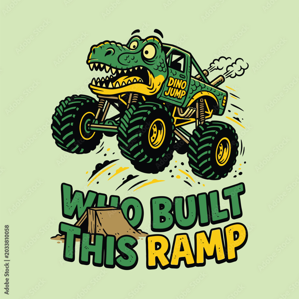 Fototapeta premium Cartoon dinosaur monster truck jumping over a ramp with funny text