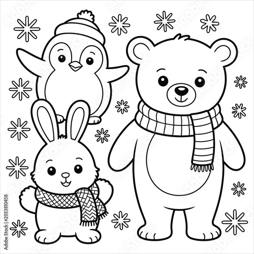 Coloring page with cartoon bear, rabbit, and penguin in winter attire