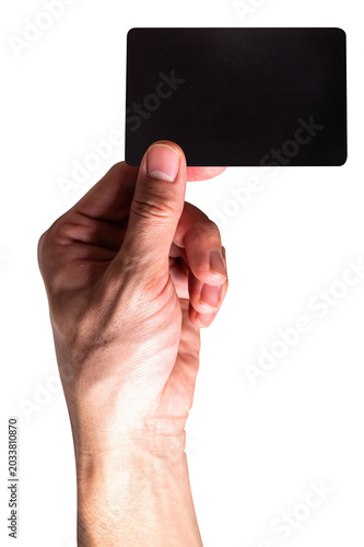 Man hand hold black credit card isolated on white background with clipping path.