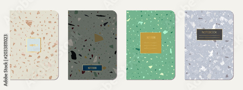 Notebook cover design. Terrazzo abstract background made of natural stones, granite, quartz and marble. Venetian terrazzo texture notebook cover template.