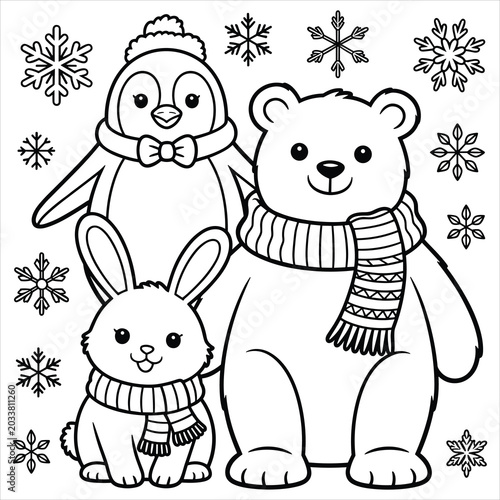 Coloring page with cartoon penguin, polar bear, and rabbit in winter scarves