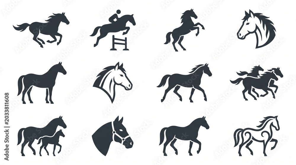 Obraz premium Black Horse Silhouettes Running and Galloping in Minimalist Icon Set