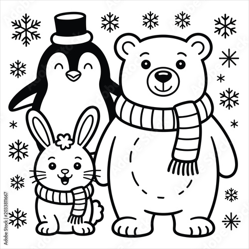 Coloring page with penguin, polar bear, and rabbit in winter