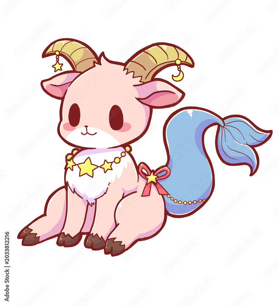 Fototapeta premium Authentic Hand Drawn Cute Capricorn Zodiac Sign Illustration – Kawaii Fantasy Sea Goat with Star Ribbon in Fairytale Astrology Style
