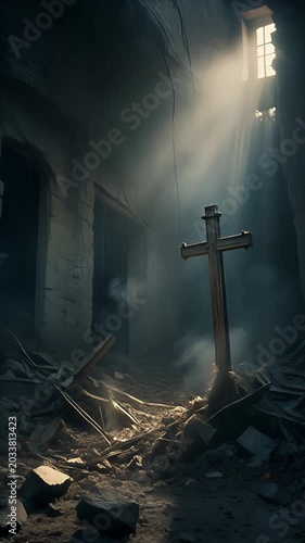 Cross Standing in Ruined Church with Light Rays Shifting
