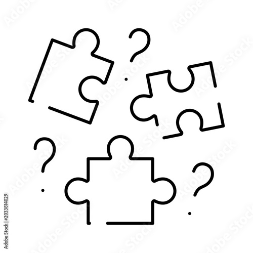 Fotografie Puzzle pieces scattered with question marks symbolizing challenges, mystery, and